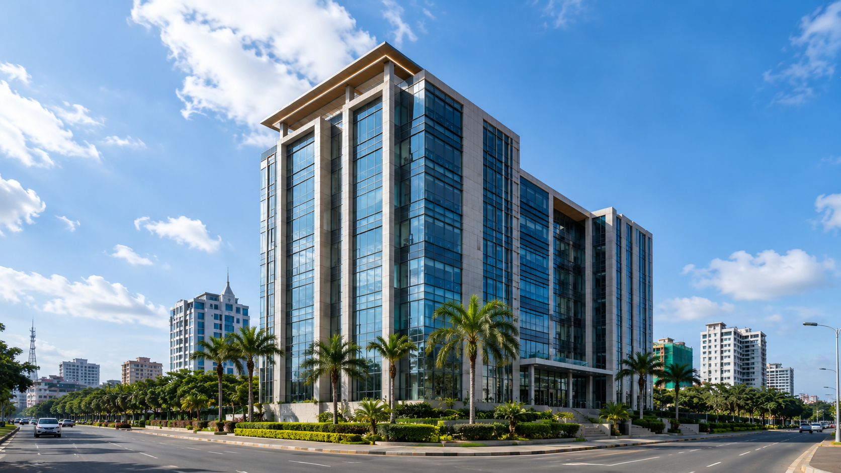 Modern commercial tower at golden hour